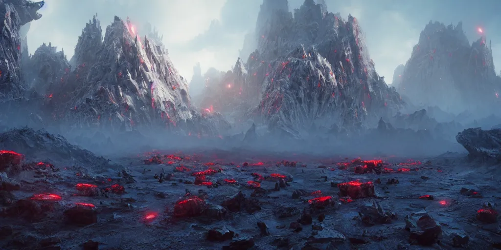 Image similar to a epic landscape full of big red crystals spikes emerging from the ground, concept art, octane render, unreal engine 5, trending on artstation, greg rutkowski, hyperrealistic, highly detailed, high quality, 8 k, dramatic lighting, cinematic, high coherence, high contrast, digital art, high definition, path traced, night