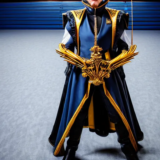 Image similar to low angle upper view of Austin Butler dressed in futuristic-baroque prussian blue duelist-garb and nanocarbon-vest and greaves with Griffin-Ram heraldry emblem, standing in an arena in Dune 2020, XF IQ4, f/1.4, ISO 200, 1/160s, 8K, RAW, unedited, symmetrical balance, face in-frame