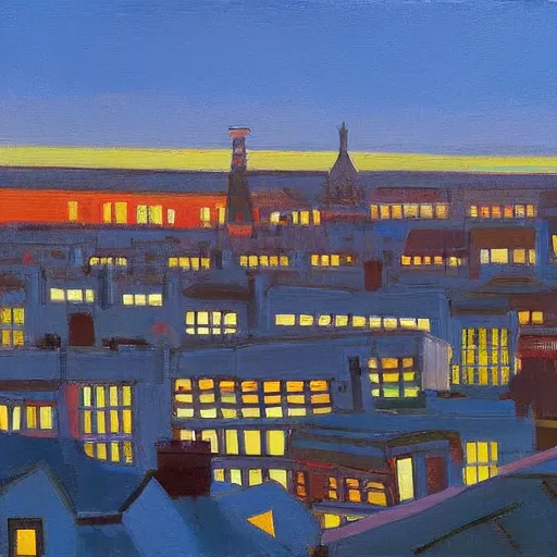 Image similar to Brighton roof tops looking west, evening light, painted by Wayne Thiebaud