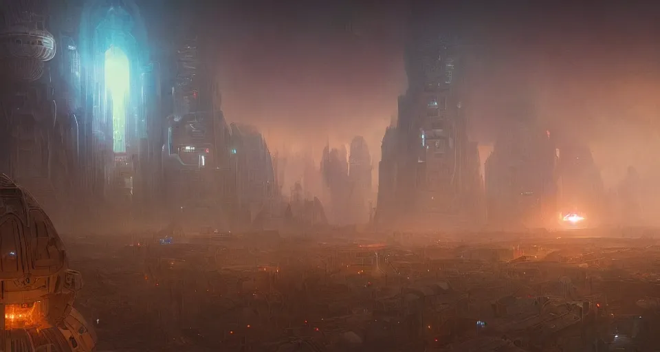 Image similar to Retro futuristic Sci-Fi space forest scene, Giant Aztec space city, volumetric light, fog, dusk lighting, intricate details ,by denis villeneuve, Ridley Scott, Greg Rutkowski and Alphonse Mucha