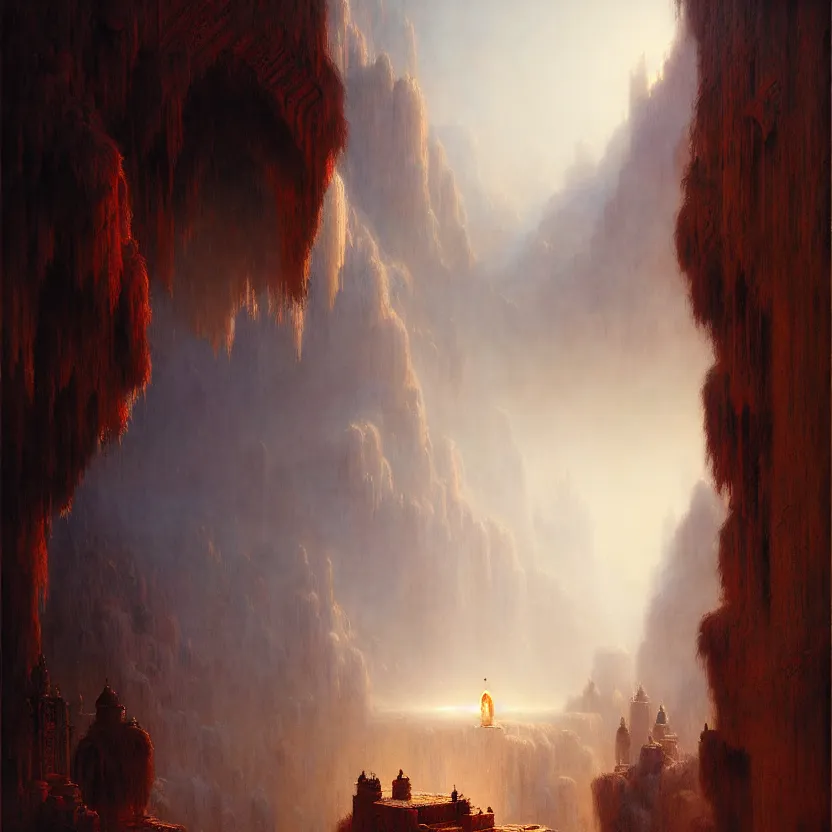 Image similar to magic fluffy Persian carpet & mirror dimension, vertical labyrinth structure, vast vistas, by Greg Rutkowski and Gaston Bussiere, dim lighting, beautiful volumetric-lighting-style atmosphere, surreal atmosphere, intricate, detailed, photorealistic imagery, artstation