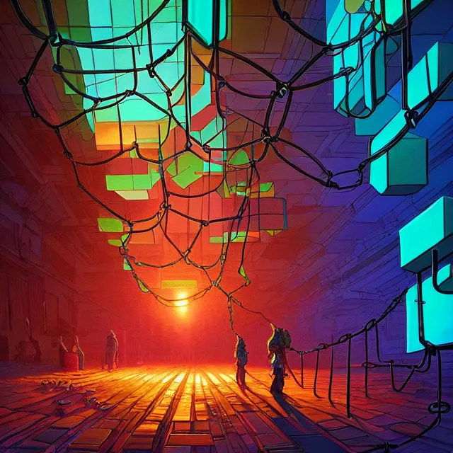 Image similar to glowing blocks tied together with chains, centered, symmetry, painted, intricate, volumetric lighting, beautiful, rich deep colors masterpiece, sharp focus, ultra detailed, in the style of dan mumford and marc simonetti