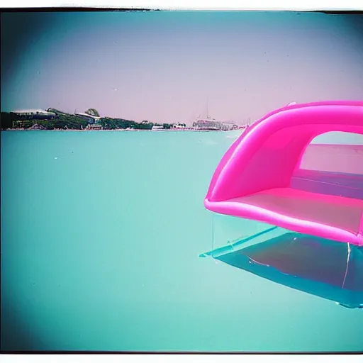 Image similar to a pastel colour high fidelity wide angle Polaroid art photo from a holiday album at a seaside of a large pink ship with abstract inflatable parachute furniture, all objects made of transparent iridescent Perspex and metallic silver, a grid of sun beds iridescence, nostalgic