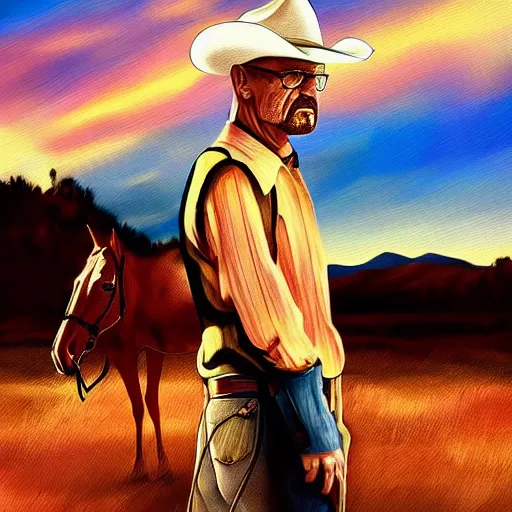 Image similar to walter white as a cowboy in a western town, golden hour, cinematic, digital art