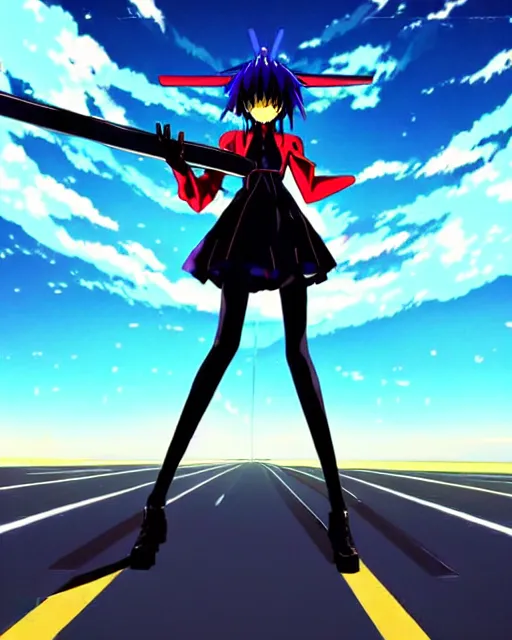 Prompt: anime illustration of black evangelion eva - 0 1 standing on an empty highway holding a steampunk guitar at night, cinematic lighting, evangelion anime poster, rebuild of evangelion 1 0 8 0 p, 9 0 s anime aesthetic, volumetric lights, rule of thirds, unreal engine render, pinterest wallpaper, trending on artstation