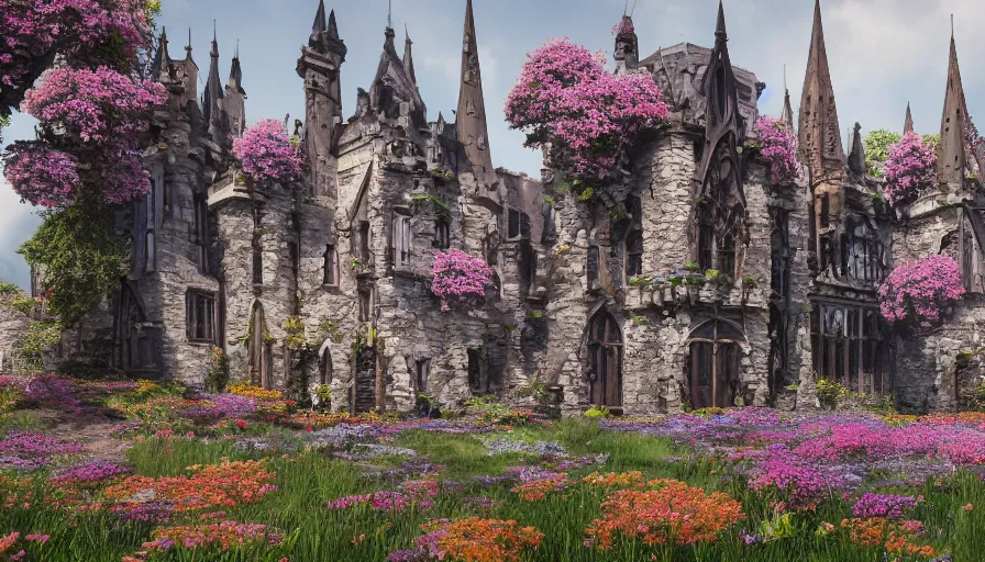 Image similar to Destroyed Neo-Gothic castle covered by flowers in a middle of a plain, hyperdetailed, artstation, cgsociety, 8k