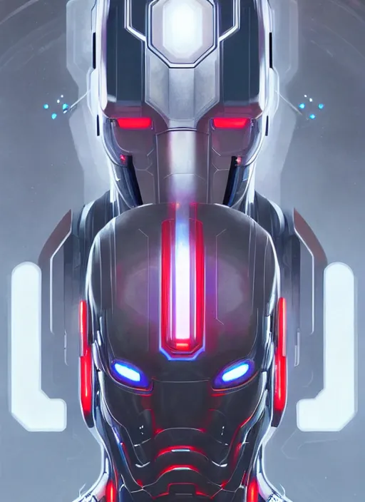 Image similar to symmetry!! portrait of ultron, sci - fi, tech wear, glowing lights!! intricate, elegant, highly detailed, digital painting, artstation, concept art, smooth, sharp focus, illustration, art by artgerm and greg rutkowski and alphonse mucha