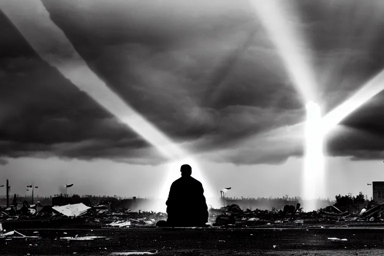 Prompt: god rays illuminating a homeless man in a destroyed city, nuclear explosion, 8 0 0 mm, cinematic, award winning, cloudy sky, sharp focus, black and white, skyscraper, nuclear fallout