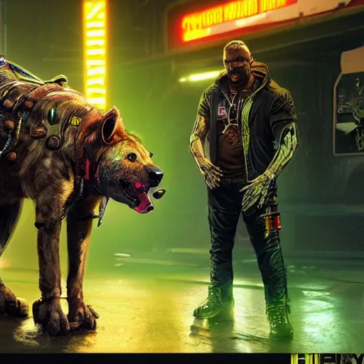 Prompt: cyborg hyena in cyberpunk 2 0 7 7, wires and neon lights, realistic highly detailed video game concept art,