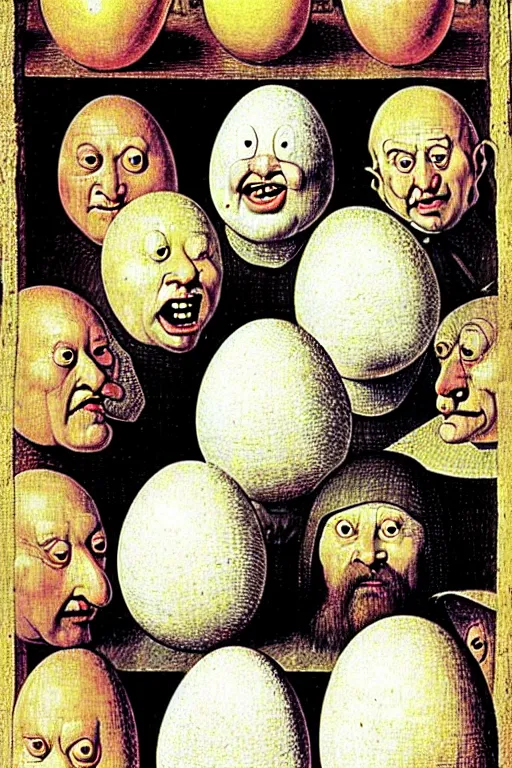 Prompt: egg heads with round humpty dumpty silly facial expressions, realistic, by hieronymus bosch and pieter brueghel