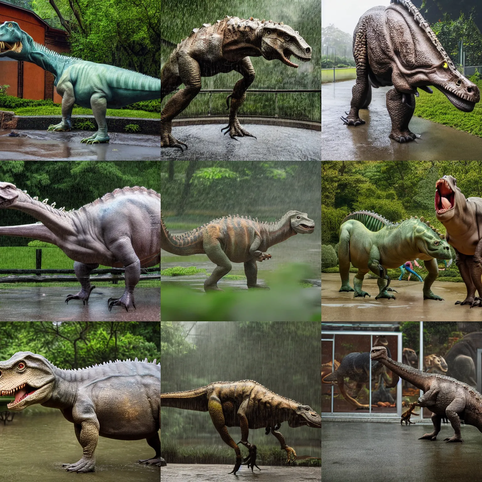 Prompt: a zoo exhibit of dinosaurs, rainy day, outside enclosure, 4 k photograph, award winning, 5 0 mm, national geographic