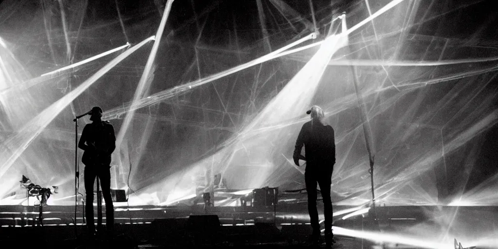 Image similar to Thom Yorke singer songwriter, Radiohead group of people on stage playing instruments, elaborate stage effects, dust, smoke, giant LED screens, colored projections, ultrafine detail, glowing thin wires, smoke, high contrast, projections, a screenshot by David Gilmour Blythe, holography, tesseract, volumetric lighting, anamorphic lens flare