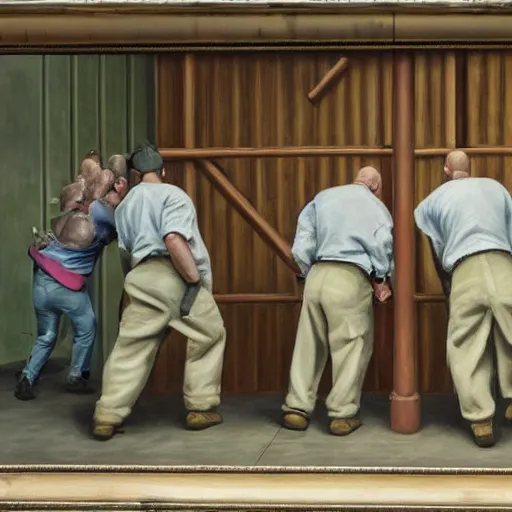 Prompt: hyperrealism painting of prisoners scheming to escape prison