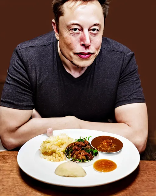 Prompt: a portrait of elon musk sitting at the dining table with a plate containing idli and sambar in front of him, highly detailed, trending on artstation, bokeh, 9 0 mm, f / 1. 4