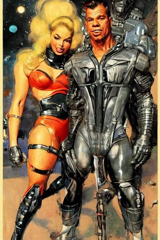 Image similar to full body portrait of rich piana as armoured demon standing beside elegant space woman in latex spacesuit, by norman rockwell, jack kirby, jon berkey, earle bergey, craig mullins, ruan jia, jeremy mann, tom lovell, marvel, astounding stories, 5 0 s pulp illustration, scifi, fantasy, artstation creature concept