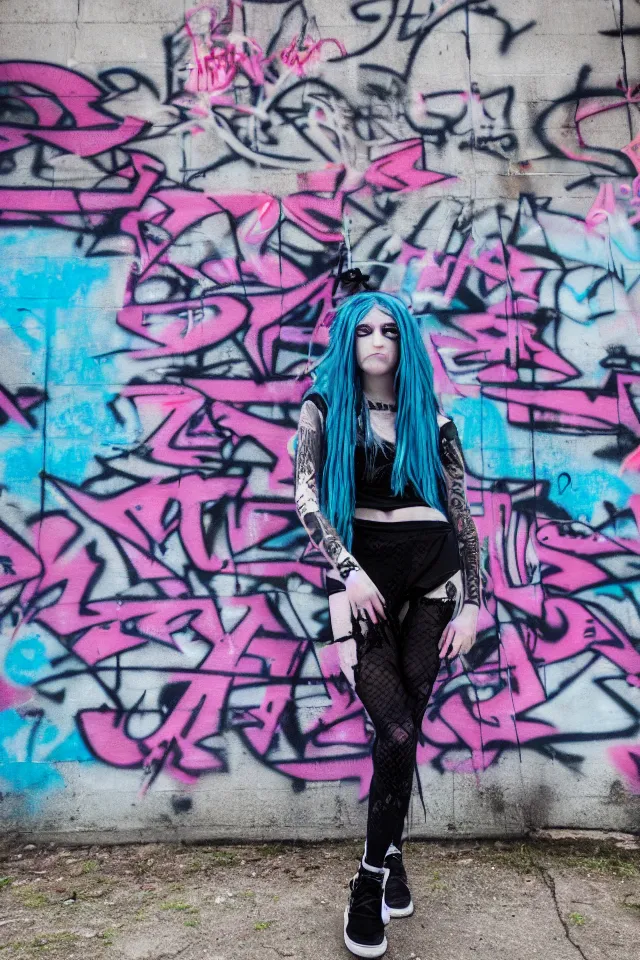 Image similar to a portrait of a grunge emo girl who has blue hair, a nose ring, black nails, fish net leggings, and is outside of a abandoned building with graffiti on it. Shallow depth of field. 4k hyperdetailed. Rendered with octane.