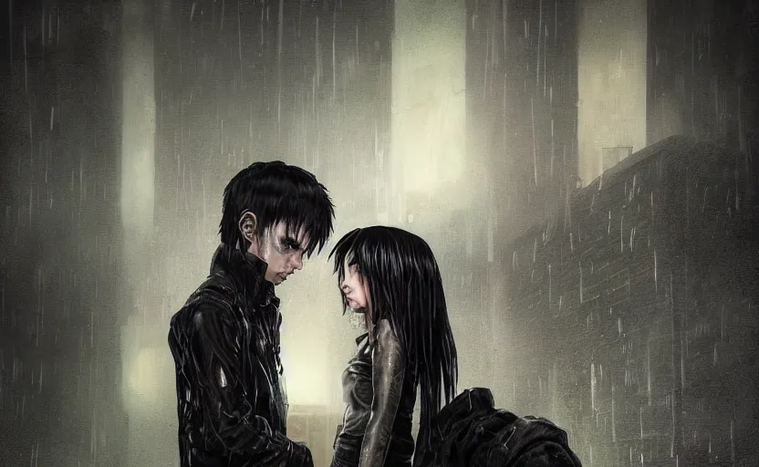 Image similar to an epic fantasy comic book style portrait painting of very beautiful imposing industrial goths trent reznor and lain ( serial experiments lain ) in the rain, neon reflections, character design by mark ryden and pixar and hayao miyazaki, unreal 5, daz, hyperrealistic, octane render, cosplay, rpg portrait, dynamic lighting, intricate detail, cinematic