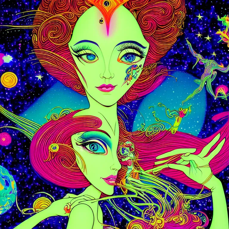 Prompt: cosmic girl surrounded by symbols, medium close - up, realistic face, psychedelic crystal background, bright neon colors, highly detailed, cinematic, eyvind earle, tim white, philippe druillet, roger dean, lisa frank, aubrey beardsley, hiroo isono