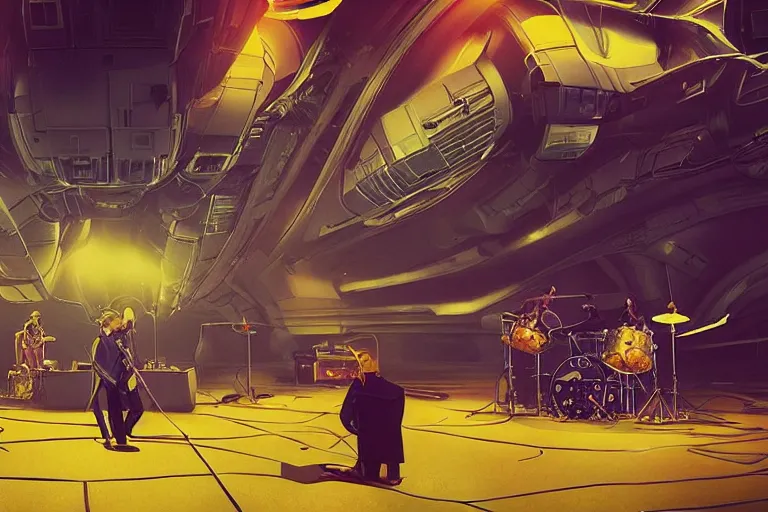 Image similar to the beatles performing on a yellow spaceship, cyberpunk art by mike winkelmann, trending on cgsociety, retrofuturism, reimagined by industrial light and magic, darksynth, sci - fi