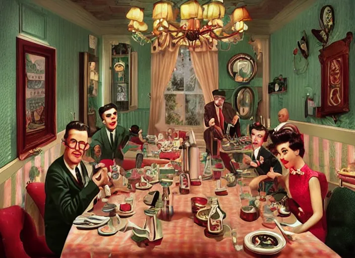 Image similar to inside 1 9 5 0 s dinner, lowbrow, matte painting, 3 - d highly detailed, in the style of mark ryden,