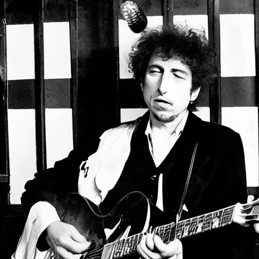 Image similar to bob dylan playing his guitar in the fulham football club stadium, photograph