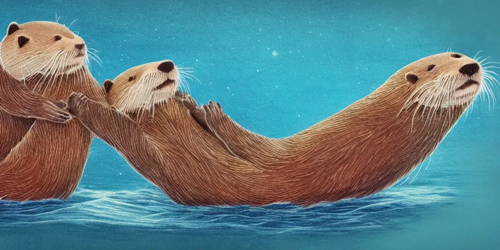 Image similar to otters hold hands while they sleep so nobody will drift away to the sea during the stormy night , fantasy illustration, cinematic, award winning, romantic, detailed trending on art station masterpiece