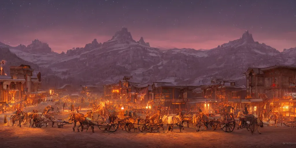 Image similar to 1 8 0 0 s boomtown in wyoming at midnight dark night evening sunset amazing splendid magnificent superb grand impressive outstanding resplendent imposing awesome incredible breathtaking exceptional phenomenal remarkable national geographic realistic photorealistic award - winning 4 k 8 k cinematic film hyperdetailed detailed trending on artstation concept art, photorealistic, megascan octane unreal engine megasca,