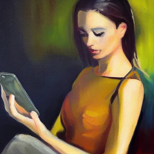 Image similar to a modern impressionist painting of a woman with a smartphone, oil on canvas, trending on artstation