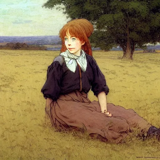 Prompt: a girl sitting in a meadow, portrait, art by walter langley, anime wallpaper, pixiv, walter langley style