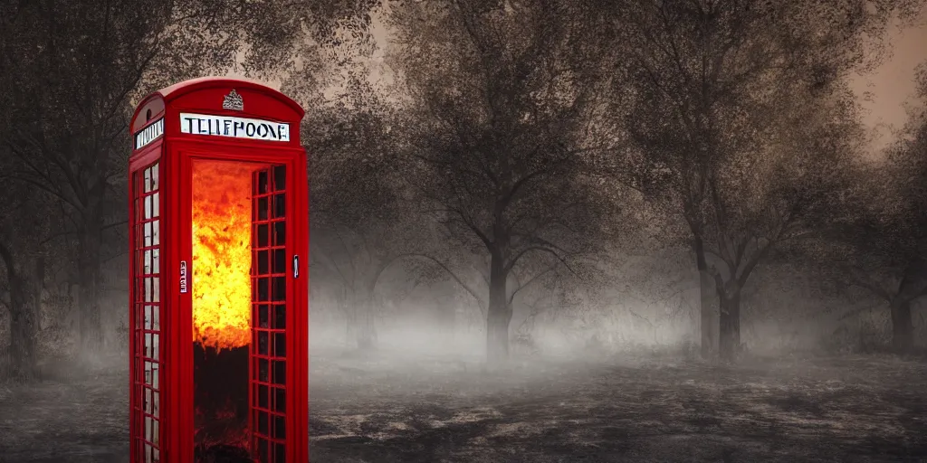 Image similar to a telephone booth on fire, weird, haunted, misty, dark and evil, demonic, sinister, ambient lighting, 8 k render, hyper realistic, photo realistic