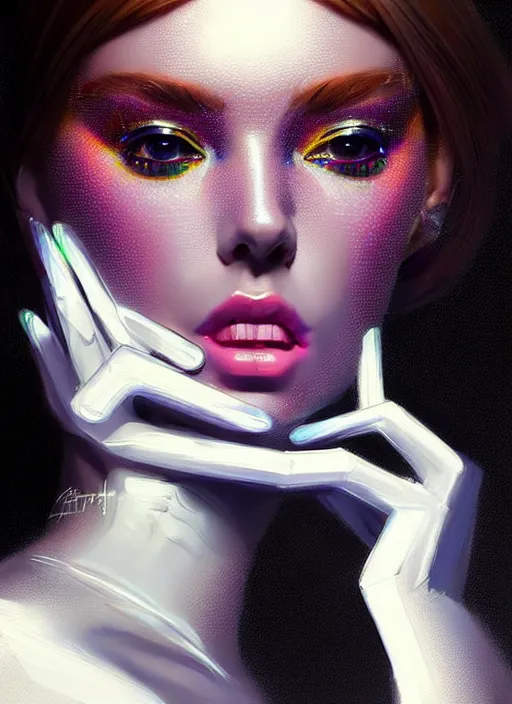 Image similar to photorealistic portrait of female humanoid, cyber neon lights, highly intricate, retro 6 0 s haute couture fashion, elegant, highly detailed, crispy quality, trending on artstation, trending on pinterest, glamor pose, no signature, no watermark, art by artgerm and greg rutkowski