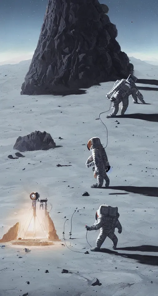 Image similar to a beautiful artwork illustration, astronauts discover a giant obsidian monolith on the moon, by rutkowski and stalenhag, featured on artstation, wide angle, vertical orientation