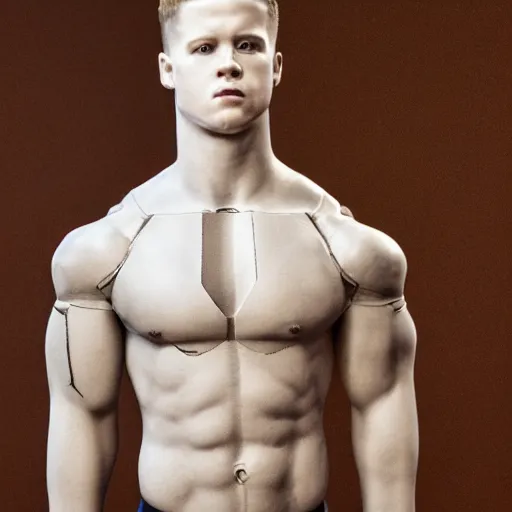 Image similar to a realistic detailed photo of a guy who is an attractive humanoid who is half robot and half humanoid, who is a male android, football player christian mccaffrey, shiny skin, posing like a statue, blank stare, in a living room, on display, showing off his muscles