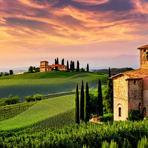 Prompt: a beautiful tuscan landscape with a little church