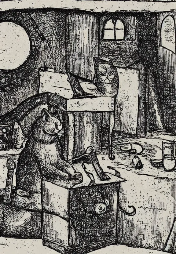 Image similar to [Dark medieval illustration of a cat watching youtube on a computer]