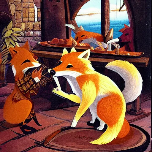 Prompt: An anthropomorphic fox playing the lute in a tavern full of anthropomorphic animals, by Ken Anderson and Don Bluth