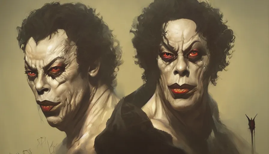 Image similar to A beautiful painting of a Tim curry as darkness by greg rutkowski and Kalin Popov , Trending on artstation HD.