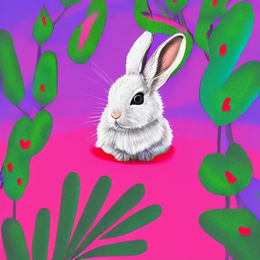 Prompt: a painting of a rabbit in the shrubs at night with a pink neon heart above it, a digital painting by Melissa Benson, behance contest winner, art on instagram, digital painting, retrowave