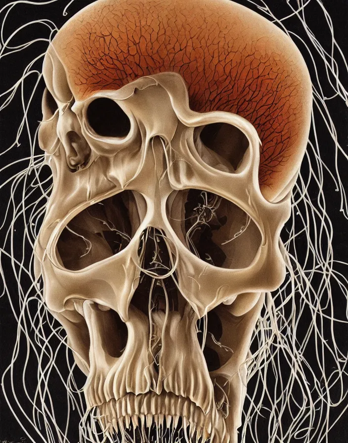 Image similar to an anatomical illustration of a jellyfish skull from a medical journal by Nychos and Alex Grey, highly detailed, high detail, 8k