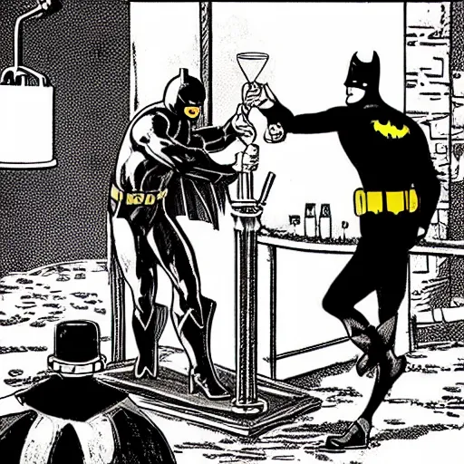 Image similar to photo of batman pouring a pint for a horse aggressively