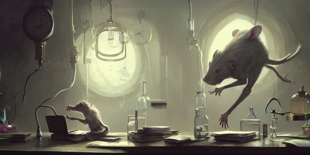 Image similar to humanoid rat in a laboratory sitting at a desk with lots of flasks filled with magic liquids and poisonous fog, stephen bliss, unreal engine, fantasy art by greg rutkowski, loish, rhads, ferdinand knab, ilya kuvshinov, rossdraws, tom bagshaw, global illumination, radiant soft light, detailed and intricate environment