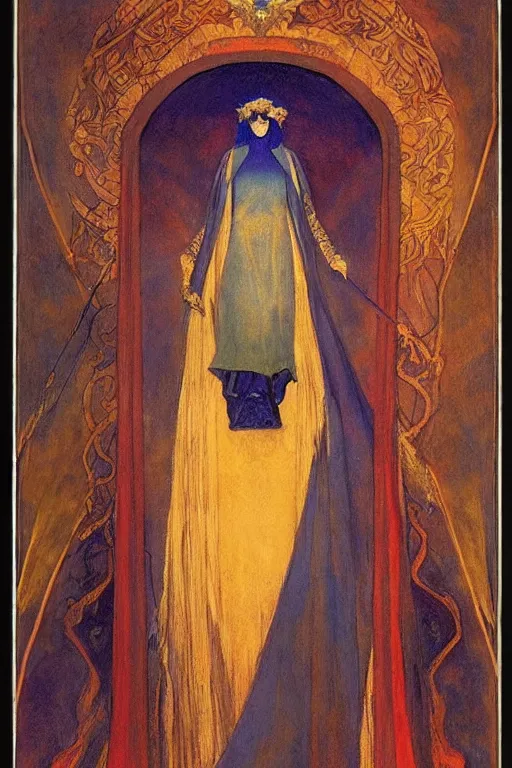 Image similar to queen of the night with her lantern and regalia, by Annie Swynnerton and Nicholas Roerich and jean delville, dramatic cinematic lighting , ornate headdress , flowing robes, lost civilizations, extremely detailed