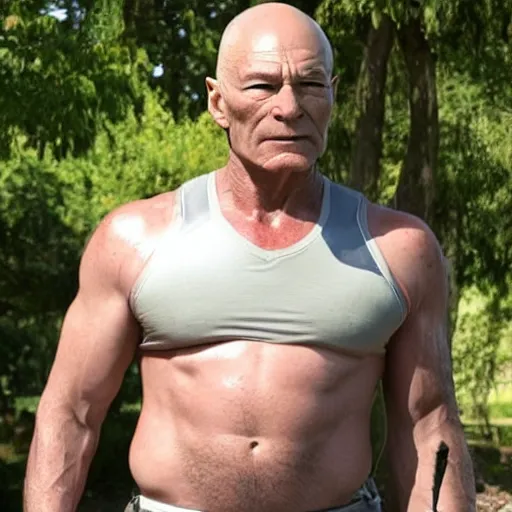 Image similar to a man who is a genetic combination of patrick stewart and jonathan frakes and levar burton and michael dorn and brent spiner, face and upper - body focus, detailed eyes