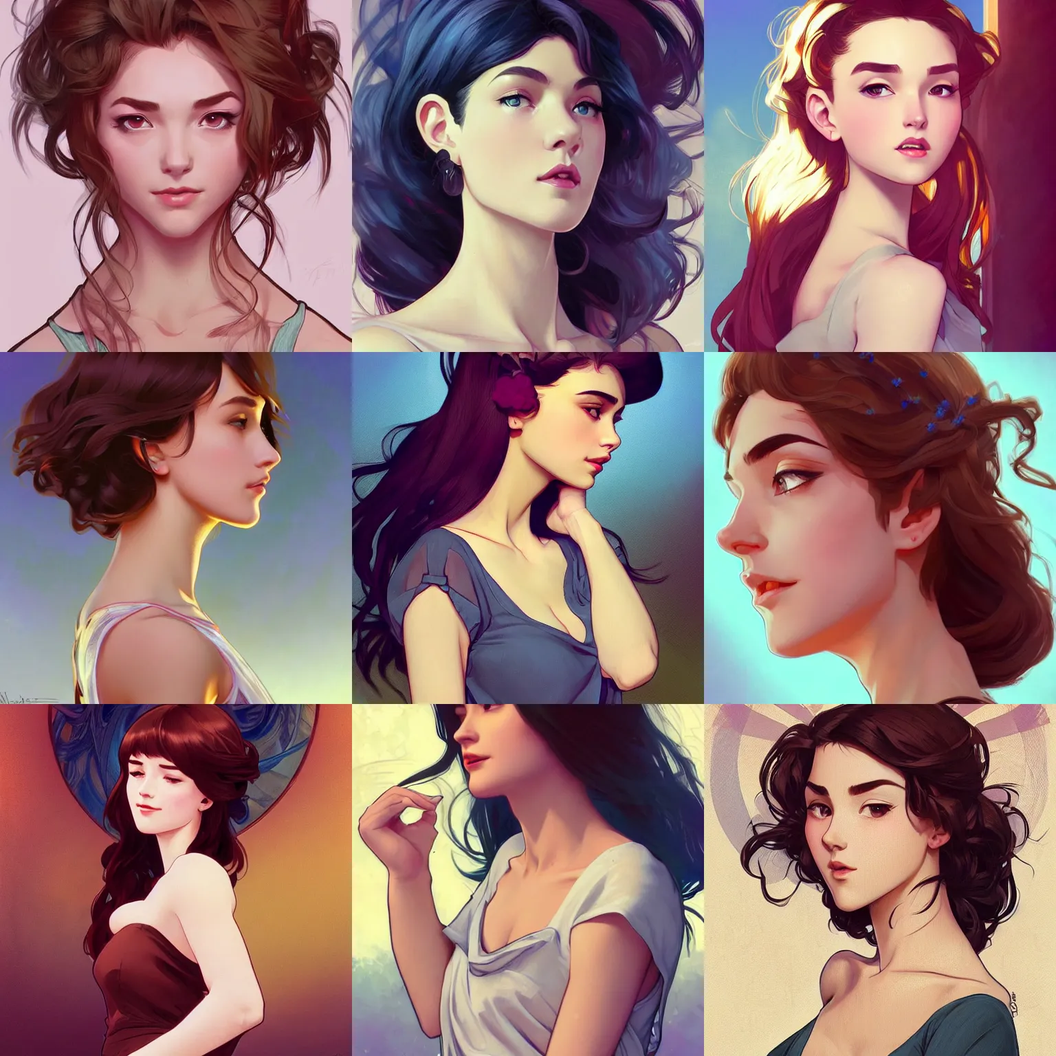 Prompt: gorgeous girl wearing a low cut top and a short skirt, hands in her hair. side-view, highly detailed, digital painting, artstation, concept art, smooth, sharp focus, illustration, art by artgerm and alphonse mucha, high definition digital art, in the style of Ross tran and ilya kuvshinov