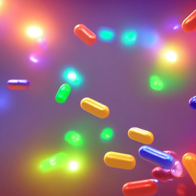 Image similar to 3D perspective of multicolored medical pills being thrown at you, epic scale ultrawide angle, 3D rendered, Vray rendered, octane render, unreal engine