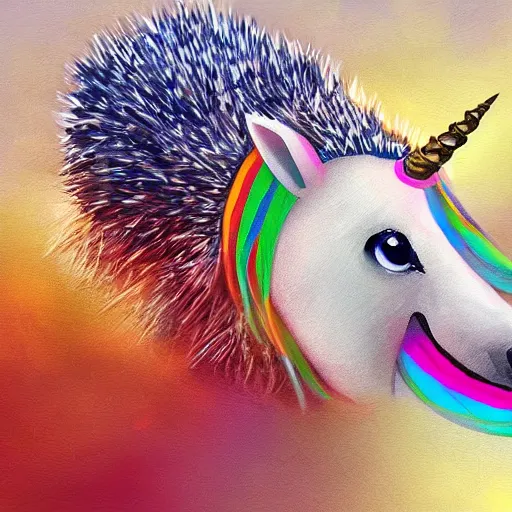 Image similar to a hedgehog riding on a unicorn, digital painting realism