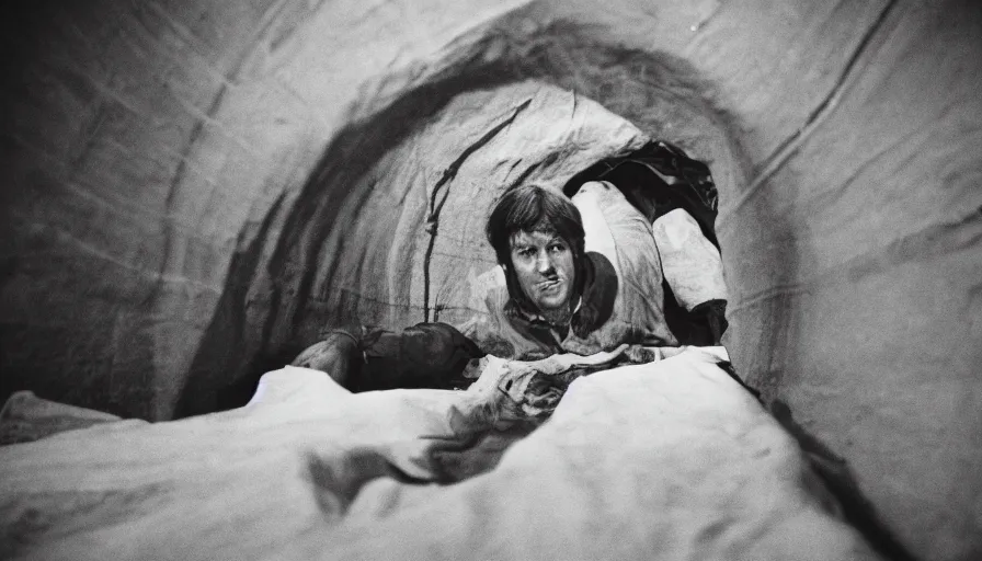 Prompt: 1 9 7 0 s movie still of a man in a barque in a fleshtunnel, leica sl 2