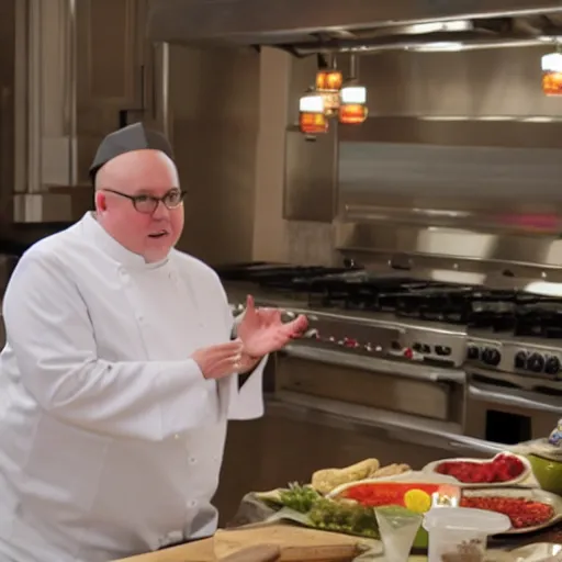 Image similar to fat catholic priest cooking show still