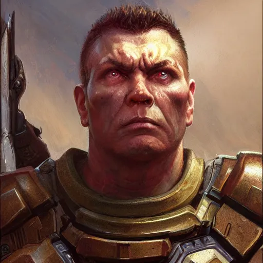 Image similar to the doomguy as a realistic d & d fantasy character, closeup portrait art by donato giancola and greg rutkowski, vintage retro, realistic face, digital art, trending on artstation, symmetry!!