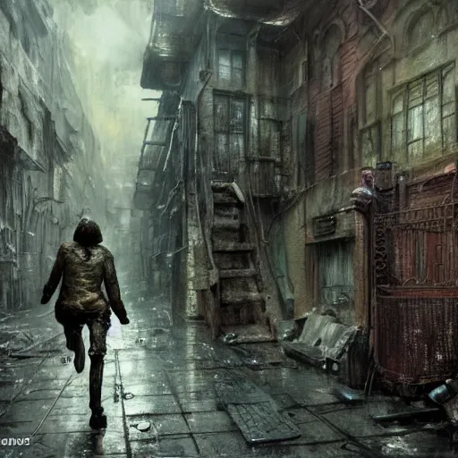 Prompt: sadie sink runs desperately | a mechanical monstrosity chases sadie sink | alleyway near decaying tenements. concept art for scifi dystopian film. by nikolay makovsky, bob byerley, wadim kashin, andrea kowch. cinematic moody atmosphere, detailed and intricate, perfect anatomy